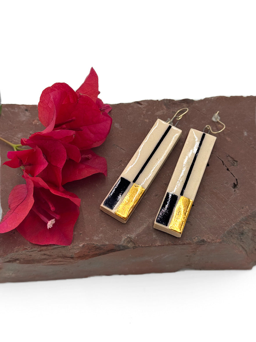 Long, Handmade Ceramic Earrings • Sgraffito Carved with 14k Gold Details • Lightweight Bold Art Earrings