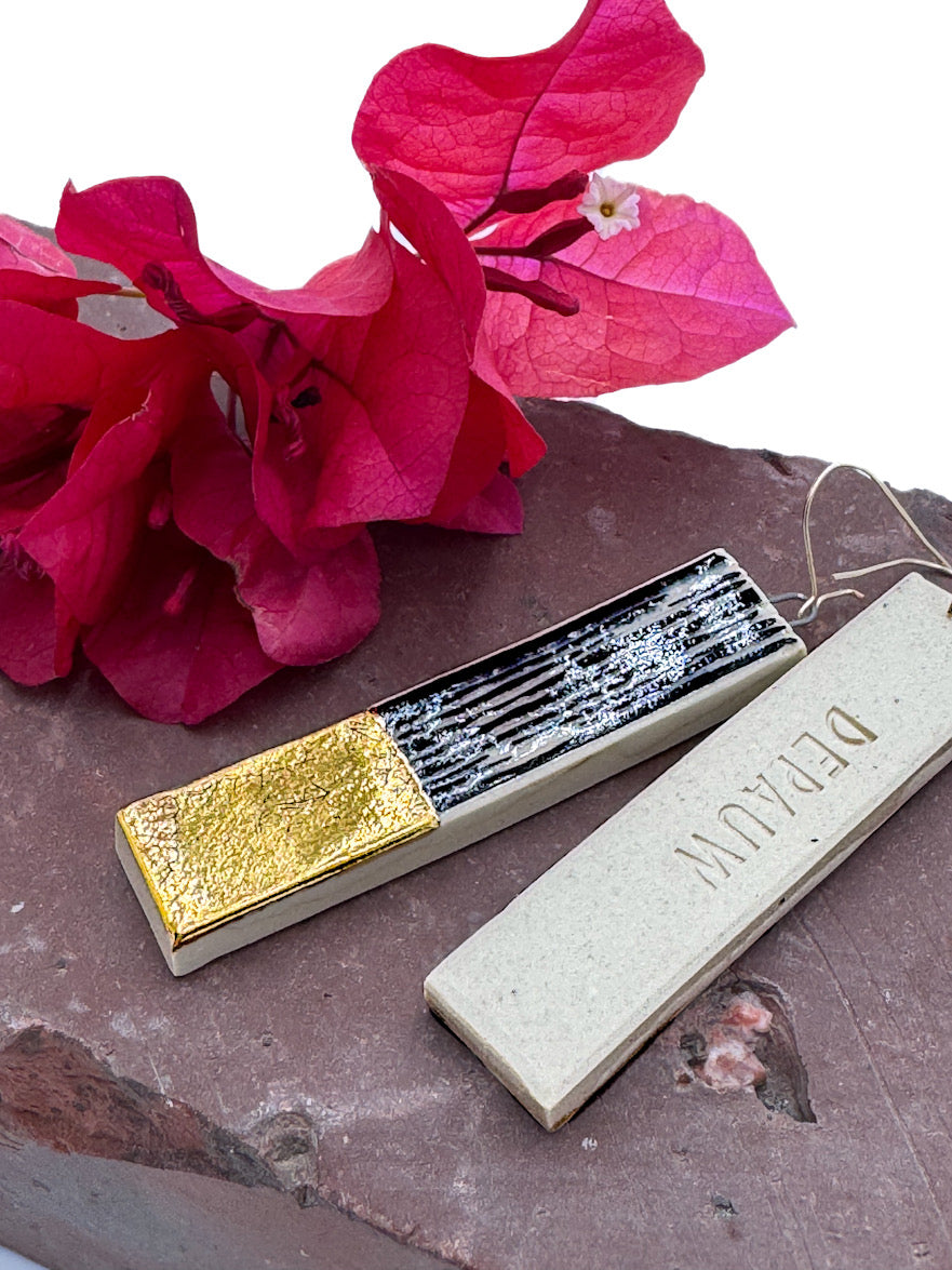 Long, Handmade Ceramic Earrings • Sgraffito Carved with 14k Gold Details • Lightweight Bold Art Earrings