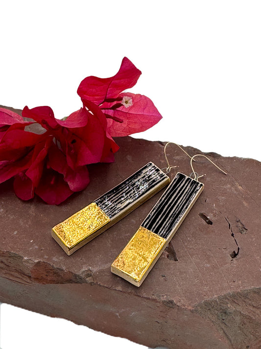 Long, Handmade Ceramic Earrings • Sgraffito Carved with 14k Gold Details • Lightweight Bold Art Earrings
