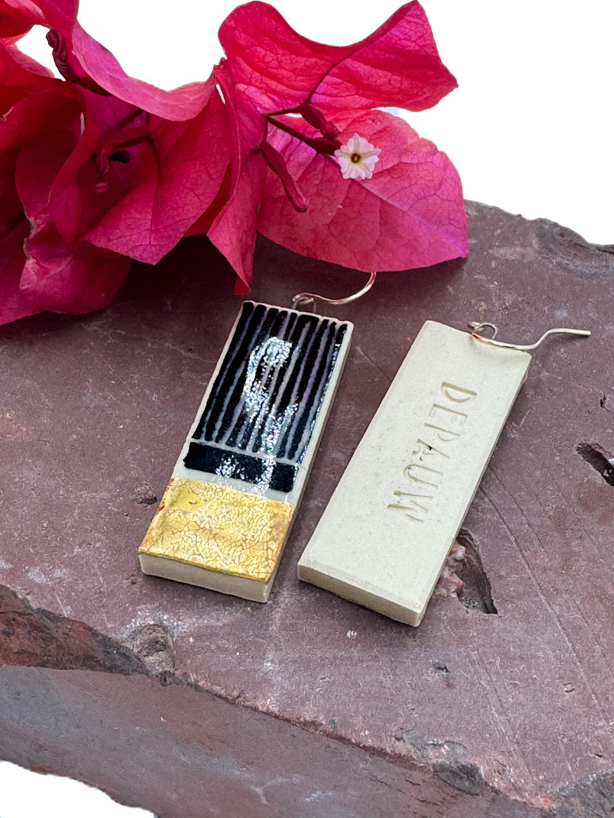 Handmade Ceramic Earrings • Sgraffito Carved with 14k Gold Details • Lightweight Bold Art Earrings