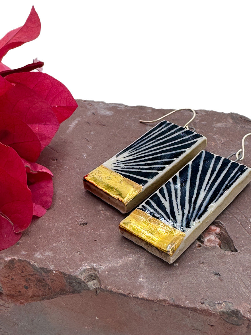 Handmade Ceramic Earrings • Sgraffito Carved with 14k Gold Details • Lightweight Bold Art Earrings