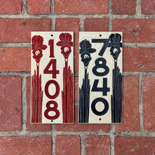 Iris Address Sign – Floral House Numbers – Outdoor Sgraffito Tile