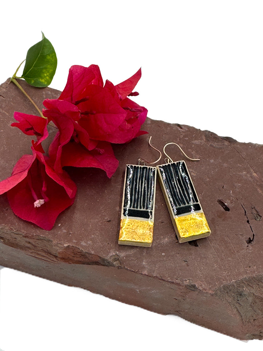 Handmade Ceramic Earrings • Sgraffito Carved with 14k Gold Details • Lightweight Bold Art Earrings