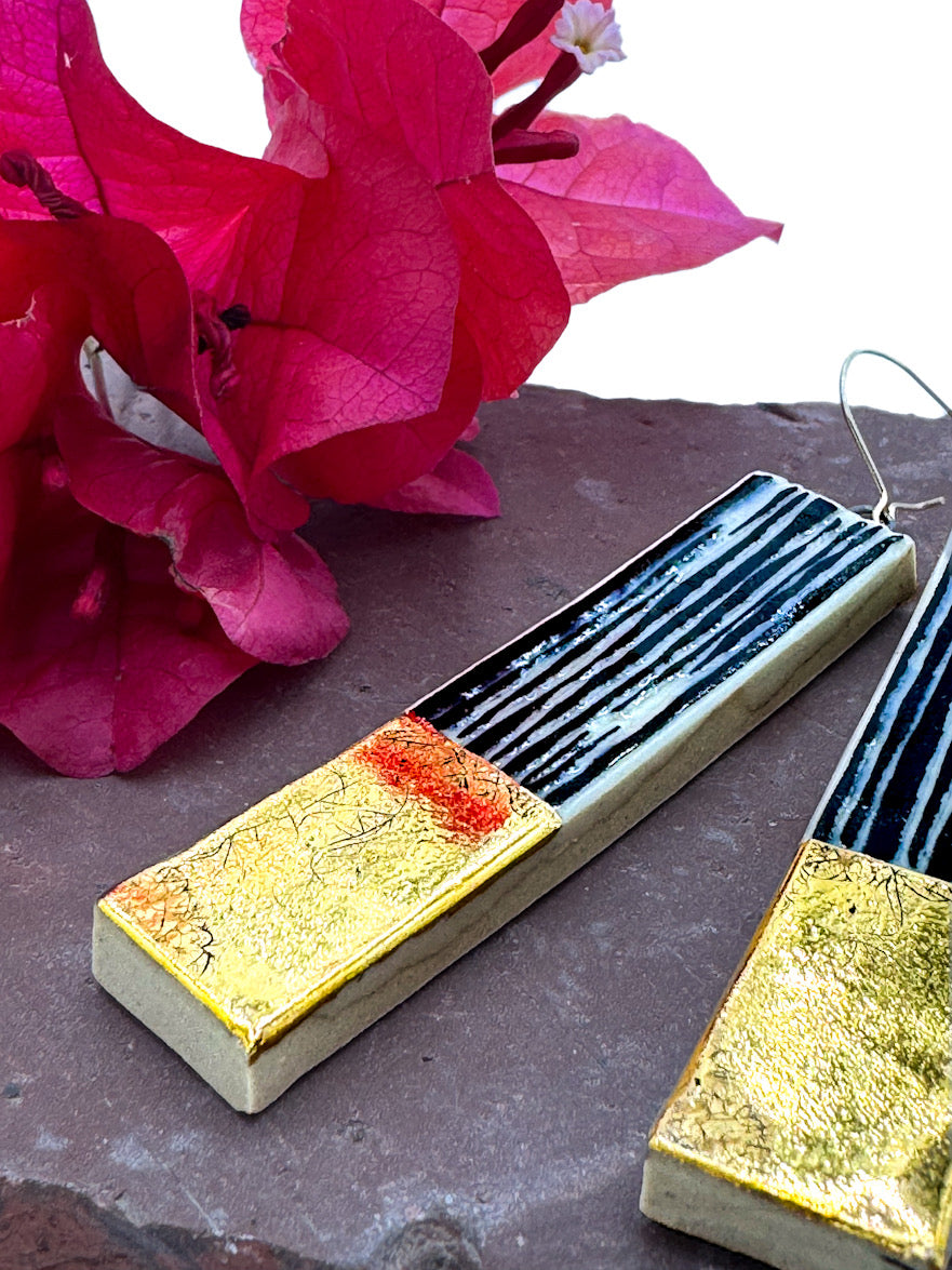 Long, Handmade Ceramic Earrings • Sgraffito Carved with 14k Gold Details • Lightweight Bold Art Earrings