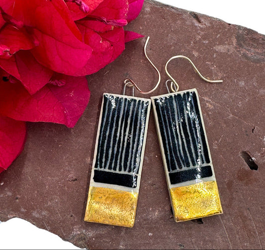 Handmade Ceramic Earrings • Sgraffito Carved with 14k Gold Details • Lightweight Bold Art Earrings