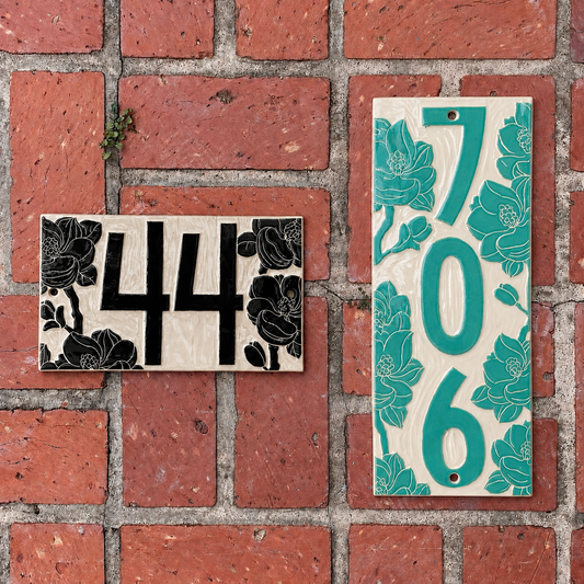 Magnolia Address Sign – Floral House Numbers – Outdoor Sgraffito Tile
