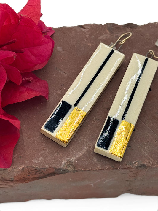 Long, Handmade Ceramic Earrings • Sgraffito Carved with 14k Gold Details • Lightweight Bold Art Earrings
