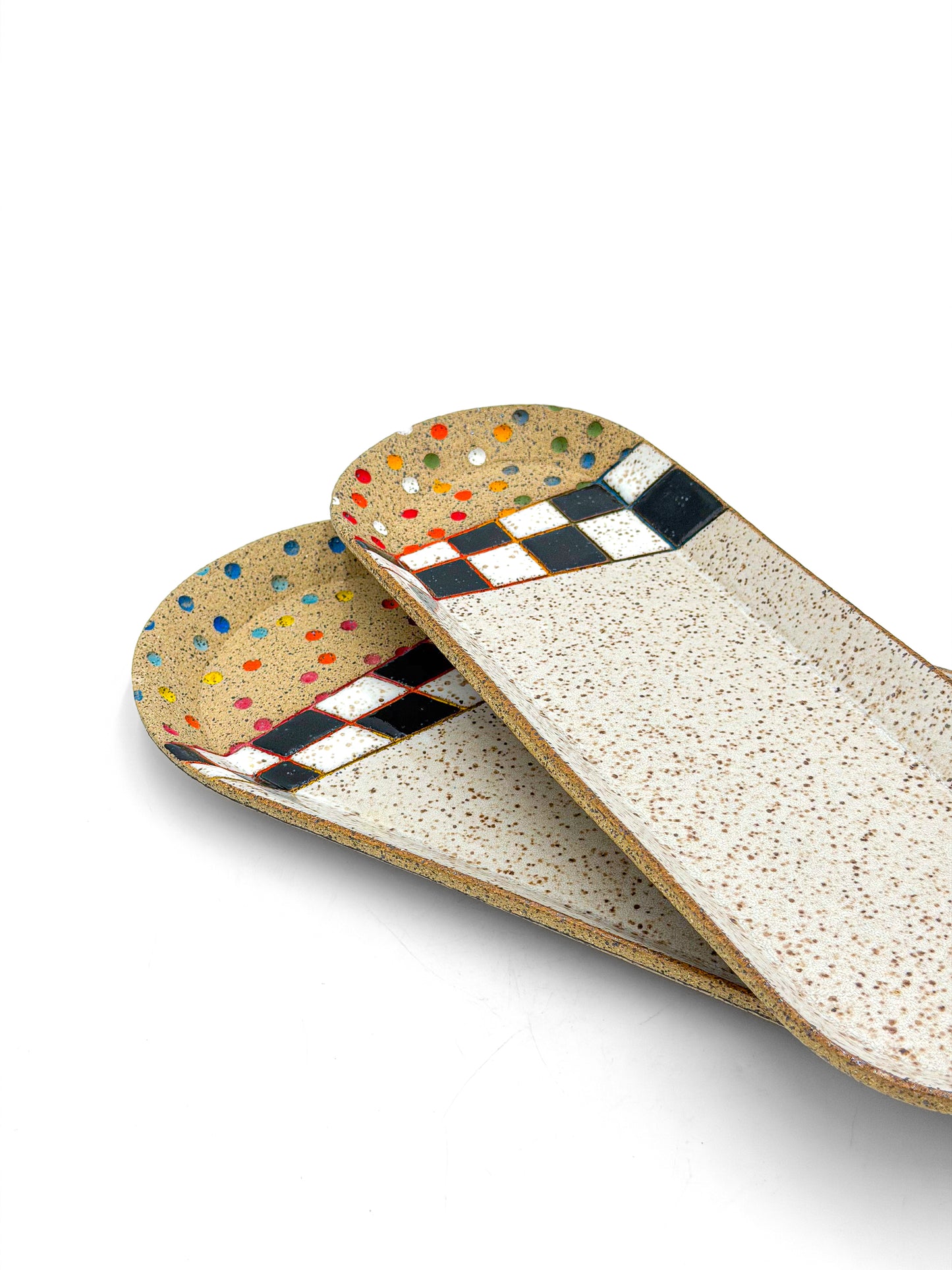 Oval Ceramic Serving Trays — Rainbow Checked Glaze Design, Speckled Clay