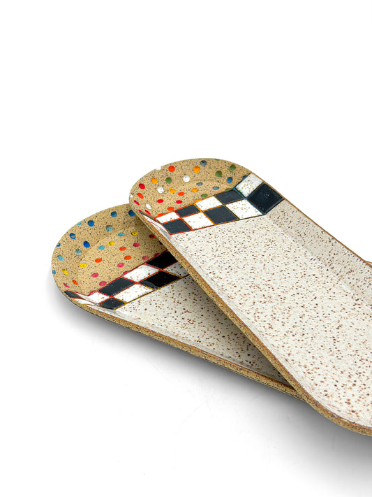 Oval Ceramic Serving Trays — Rainbow Checked Glaze Design, Speckled Clay