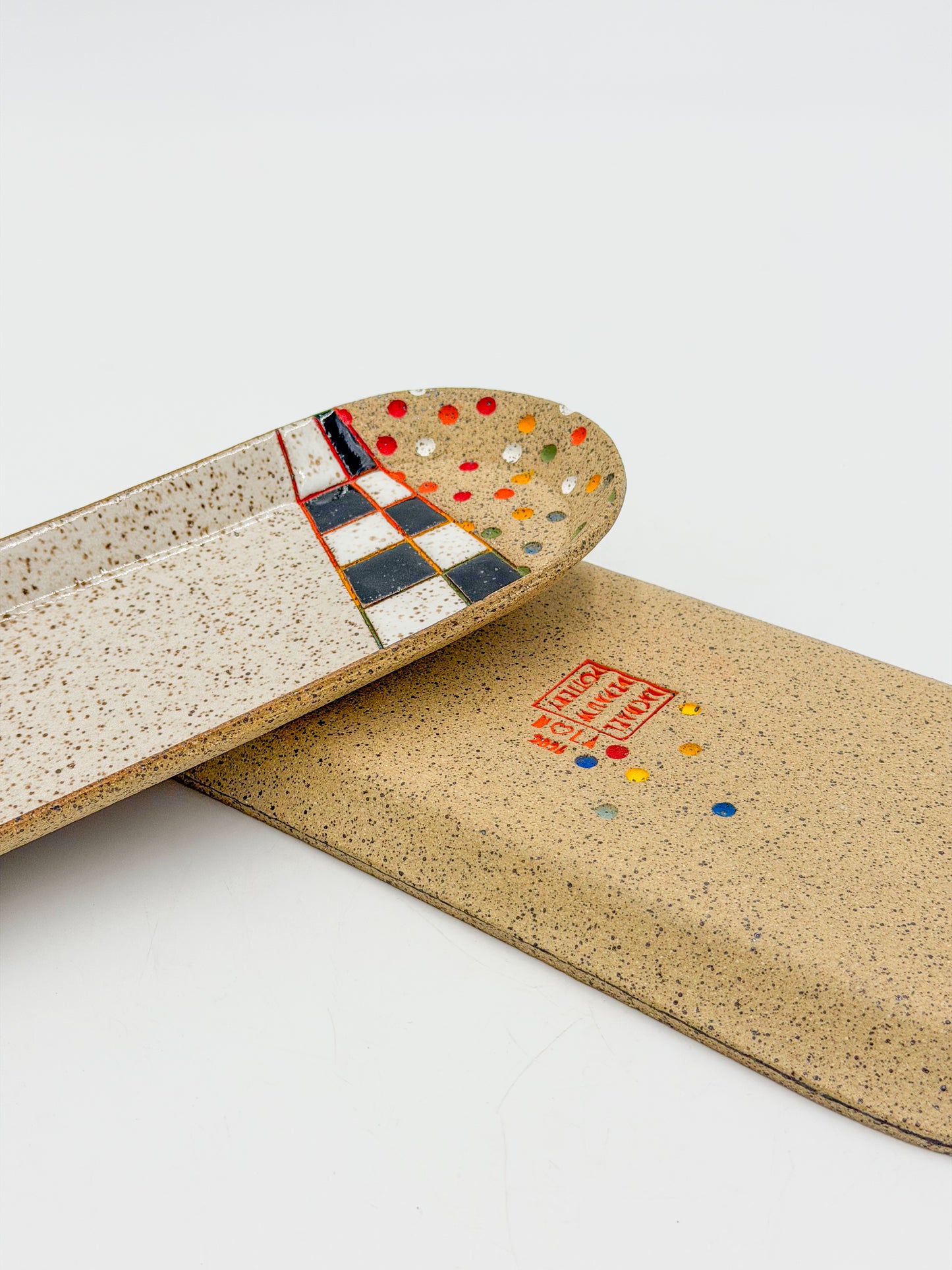 Oval Ceramic Serving Trays — Rainbow Checked Glaze Design, Speckled Clay