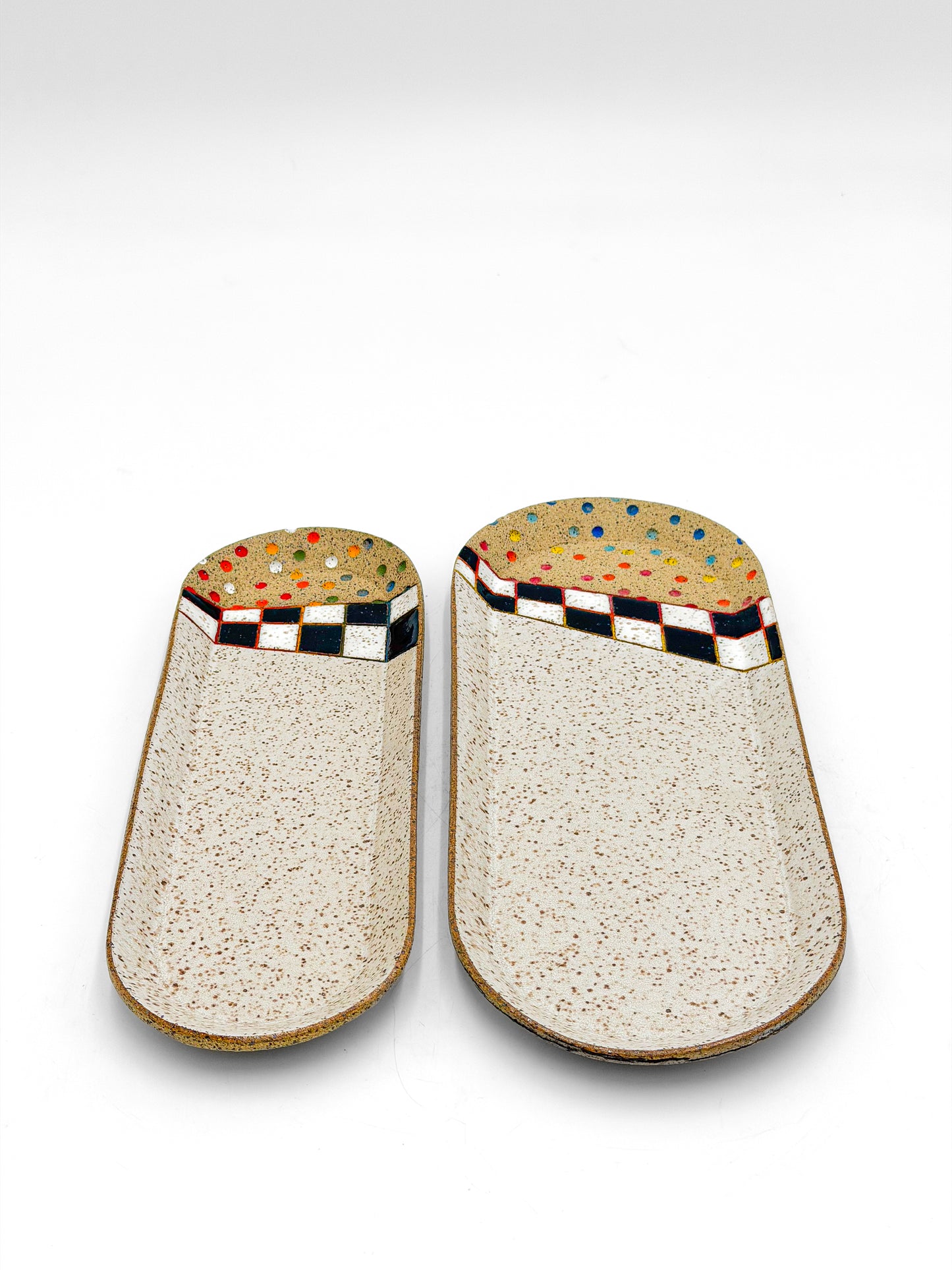 Oval Ceramic Serving Trays — Rainbow Checked Glaze Design, Speckled Clay