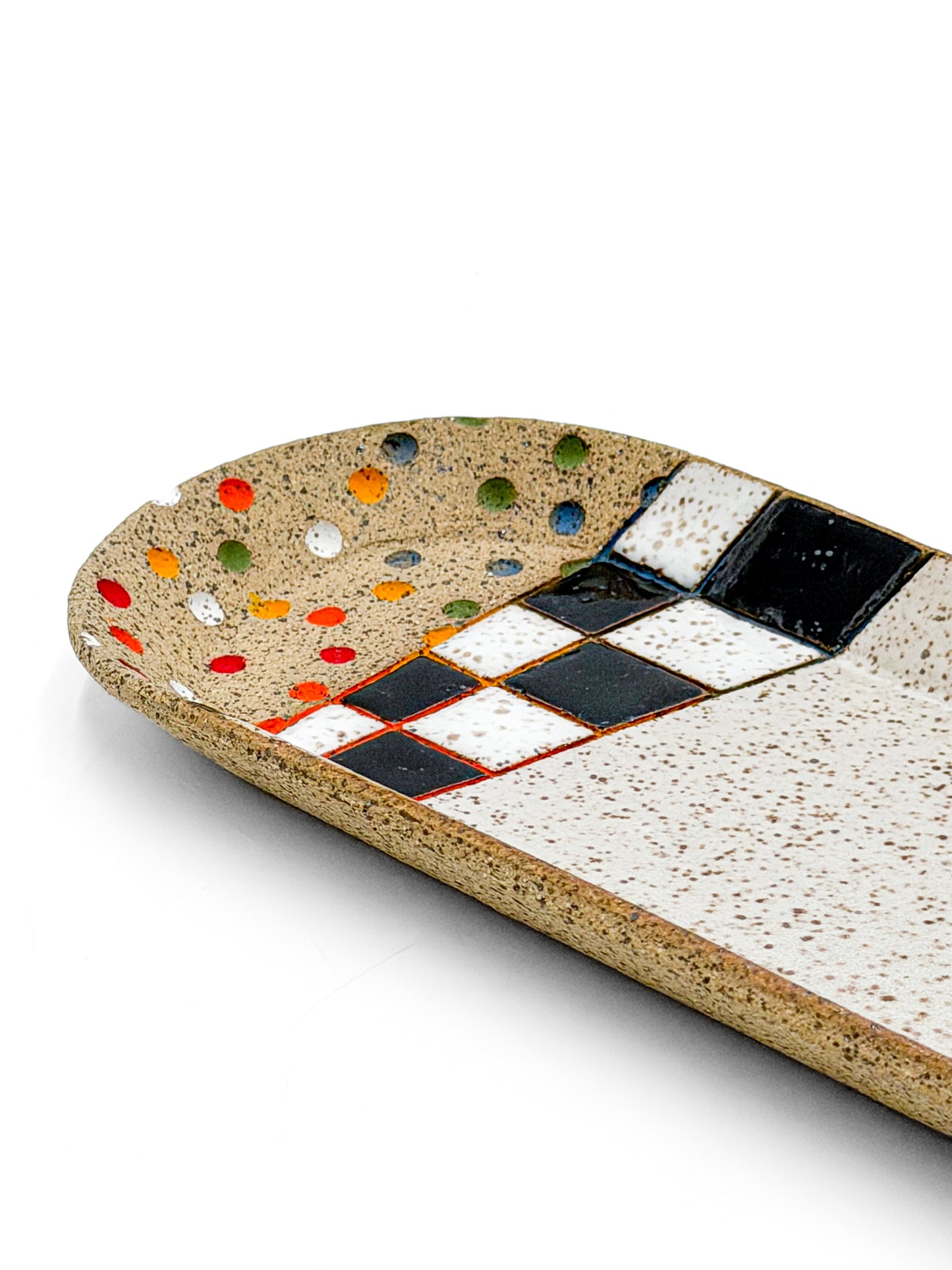 Oval Ceramic Serving Trays — Rainbow Checked Glaze Design, Speckled Clay