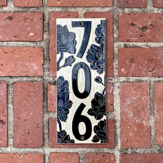 Magnolia Address Sign - Sgraffito House Number Plaque/Tile