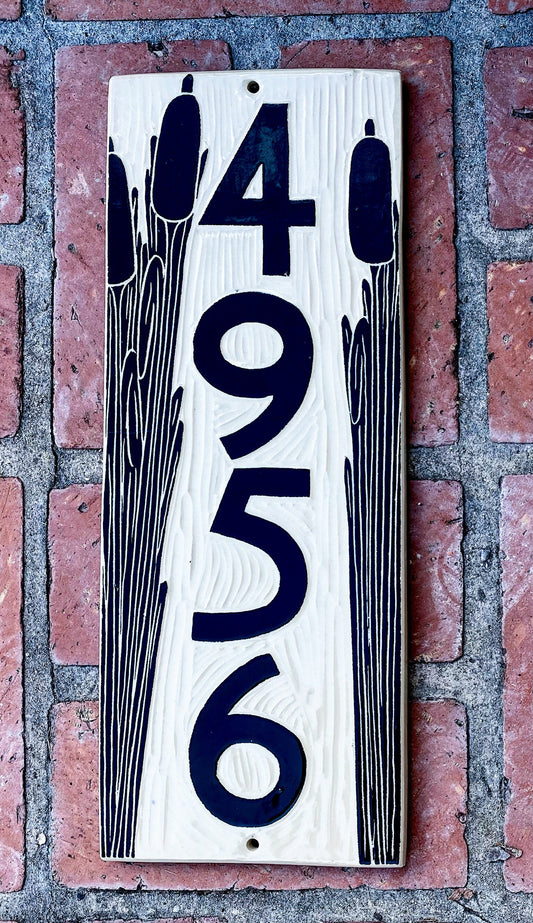 Cattail Address Sign - Sgraffito House Number Plaque/Tile